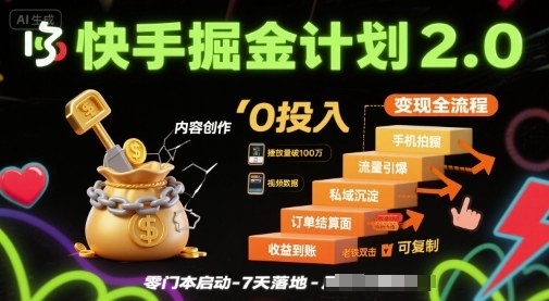 快手掘金计划2.0，快手电商变现全流程，简单可复制，0投入-九九网创