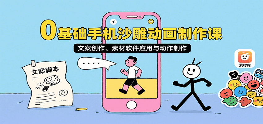 0基础手机沙雕动画制作课，文案创作、素材软件应用与动作制作-九九网创