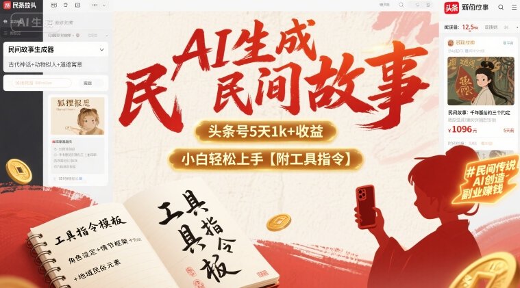 AI生成民间故事，头条号5天1k+，小白轻松上手【附工具指令】-九九网创
