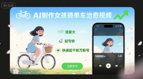 AI制作女孩骑单车治愈视频，流量大，起号快，快速起千粉万粉号-九九网创