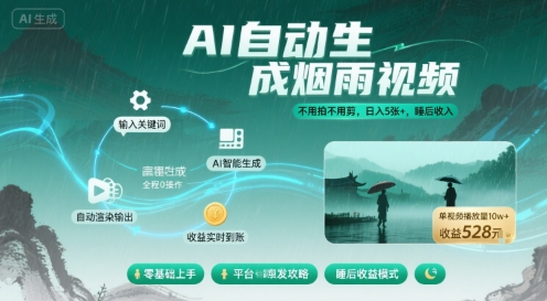 不用拍不用剪！AI自动生成烟雨视频，日入5张+，睡后收入-九九网创
