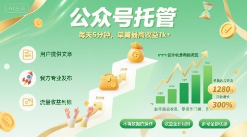 【公众号托管 】我提供文章，你发布，每天5分钟，单篇最高收益1k+【揭秘】-九九网创
